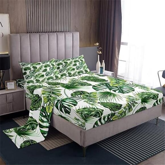Palm Leaves Bed Sheets Hawaiian Sheet Set Monstera Banana Leaves Bedding Set - Picture 8 of 8